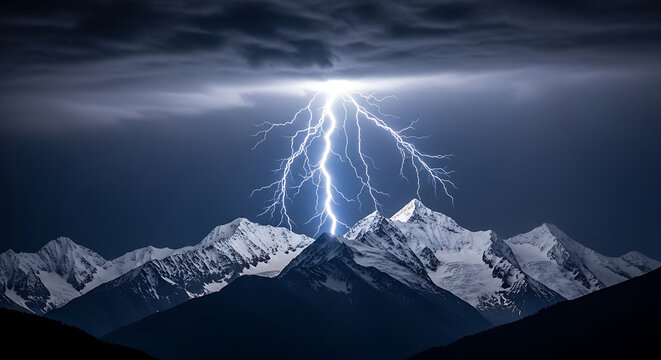 Forked Lightning Bolt Splitting Sky Over Snow-Capped Alpine Peaks