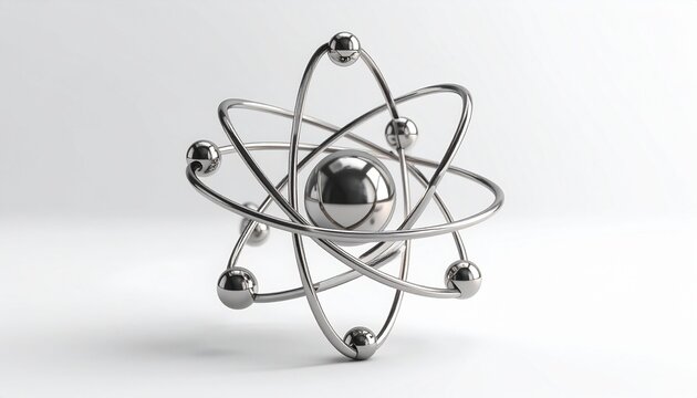 A detailed 3D render of a scientific atom model with metallic spheres orbiting a central nucleus isolated against a clean white studio background.