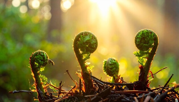 Close up of vibrant green fern fiddleheads sprouting in a forest during a beautiful spring morning with warm golden sunlight filtering through.