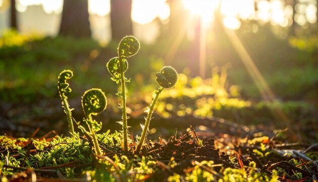 Close up of young green fern fiddleheads growing in a forest under soft morning sunlight symbolizing new life and fresh beginnings in nature.