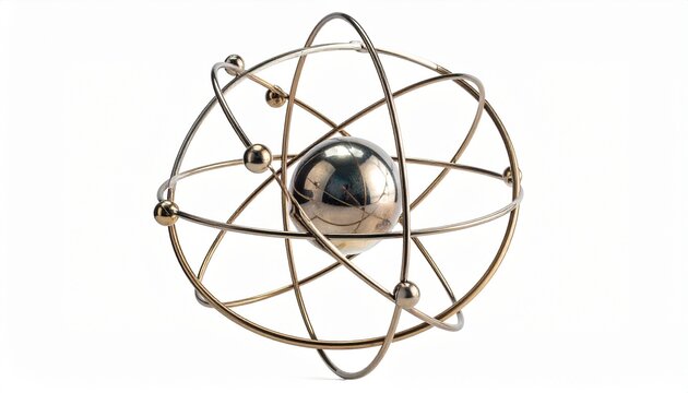 A metallic model of an atom structure showing orbiting spheres isolated on a white background representing scientific research and technology.
