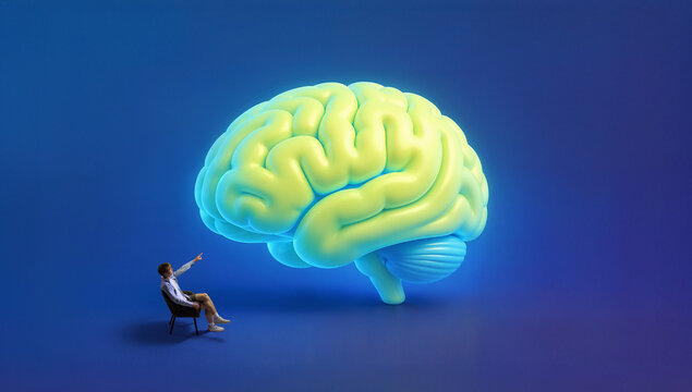 Young man studies giant brain model for mental health awareness. Concept of cognition, neuroscience education, emotional wellbeing, brain function and preventive self care.