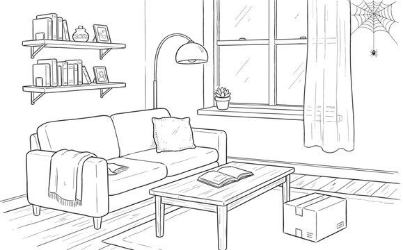 Living room house interior with sofa coffee table bookshelves window cardboard box and spider web wall decoration