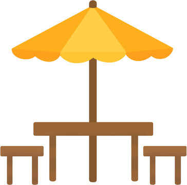 Yellow Patio Umbrella with Outdoor Table and Benches Flat Illustration