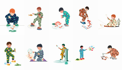 Fototapeta premium A collection of whimsical illustrations featuring young children in patterned pajamas interacting with fish and water in various playful scenes.