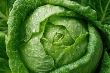 Fototapeta premium Crisp lettuce leaves covered with fresh water drops, representing healthy organic food