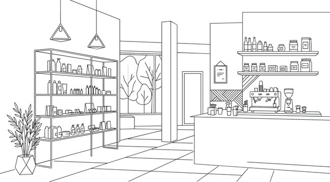Modern coffee shop and retail store combo interior with coffee machine counter display shelving and plants