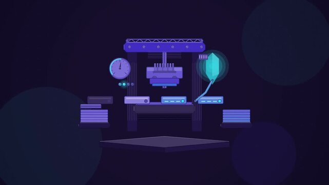Abstract animated credential stamped and issued drawn as blue and cyan lines and shapes on a deep dark background. Seamless looping 4K motion graphics video with free space for text, ideal for busines