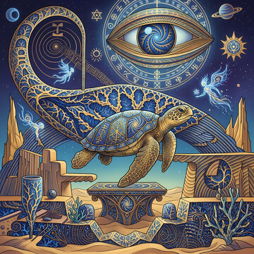 Surreal visionary art of a mystical sea turtle in a cosmic dreamscape with esoteric symbols and sacred geometry