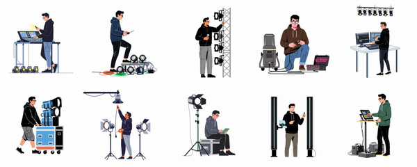 Fototapeta premium Collection of professional stage technicians and event crew illustrations showing people working with lighting, audio consoles, and various technical production equipment.