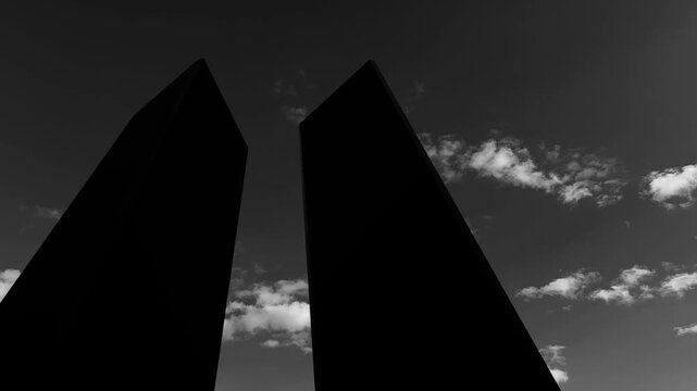 Silhouette of Towers on background of black and white sky. 09.11.2001 American Patriot Day video.