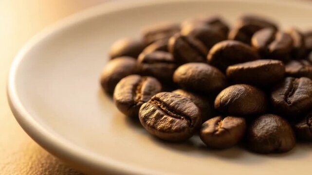 Macro close-up of dark roasted coffee beans piled on a light beige ceramic plate, highlighting texture and richness for coffee preparation.