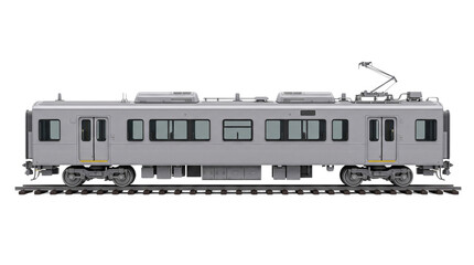 Modern commuter train car on tracks, silver electric subway carriage, urban passenger rail transport vehicle, industrial metro locomotive isolated PNG with Transparent Background © Shahways