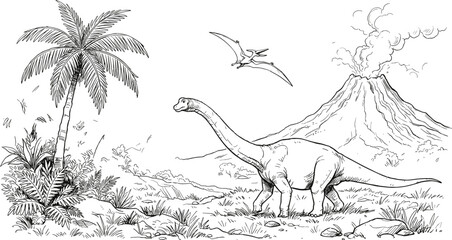 Prehistoric landscape sketch featuring sauropod dinosaur flying pterodactyl smoking volcano palm tree and jurassic flora environment vector © Mst