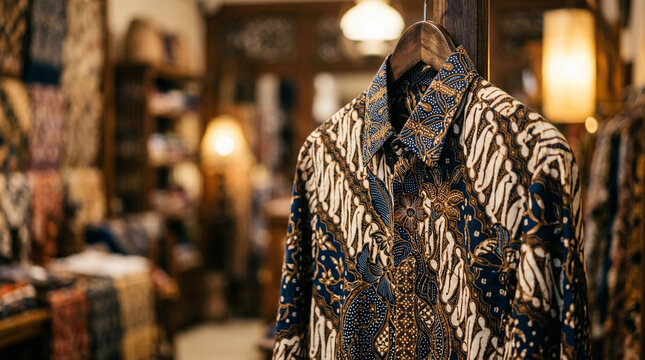 Traditional Indonesian batik shirt hanging in a shop