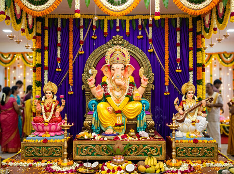 Lord Ganesha idol decorated for Ganesh Chaturthi festival with traditional floral decor