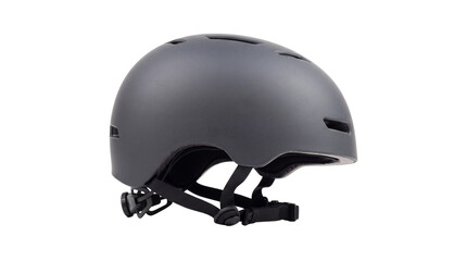 Naklejka premium Matte grey bicycle helmet, modern urban skate helmet with adjustable straps, protective headgear for cycling and skating isolated PNG with Transparent Background
