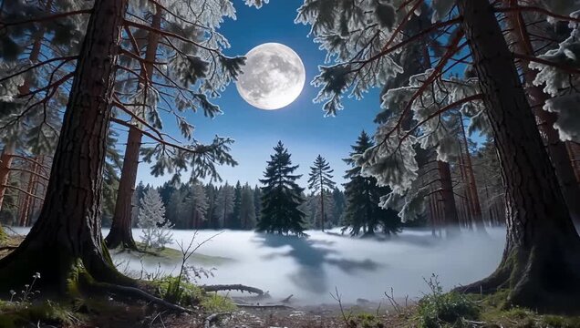 Giant bright full moon shining over snowy pine forest with gentle snowfall at night.