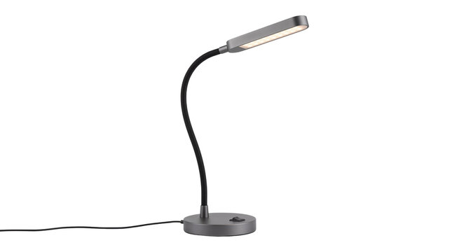 Modern LED desk lamp with flexible gooseneck, adjustable silver reading light for office workspace, minimalist metallic table lamp isolated PNG with Transparent Background