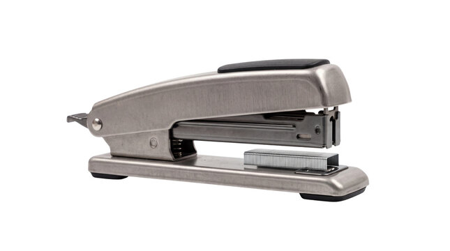 Heavy duty metal stapler, professional silver steel office tool, industrial desktop stationery for paper binding and document organization isolated PNG with Transparent Background