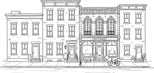 Obraz premium Urban street view cityscape line illustration featuring classic townhouses apartments and a storefront cafe bakery shop