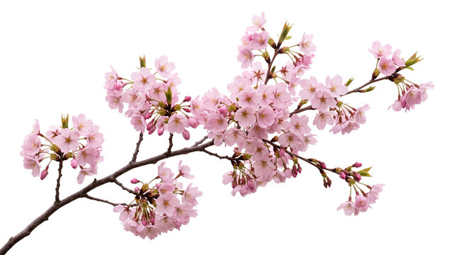 Blooming cherry blossom branch with pink flowers, spring sakura tree twig, floral botanical element for wedding design isolated PNG with Transparent Background