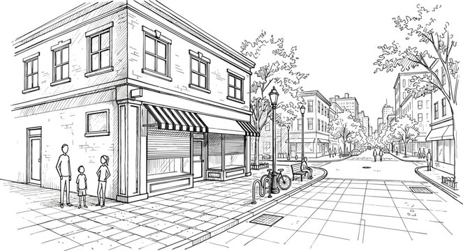Urban street corner sketch featuring two story corner shop sidewalk tiles people walking bicycle rack and street view vector