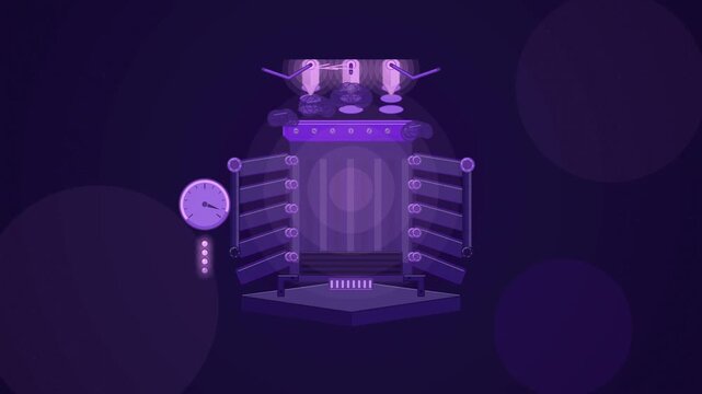 Abstract animated transformer venting its heat drawn as violet and blue lines and shapes on a deep dark background. Seamless looping 4K motion graphics video with free space for text, ideal for sustai