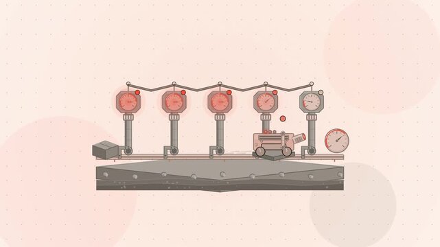 Abstract animated meter reader working along a route drawn as coral and magenta lines and shapes on a bright, clean light background. Seamless looping 4K motion graphics video with free space for text