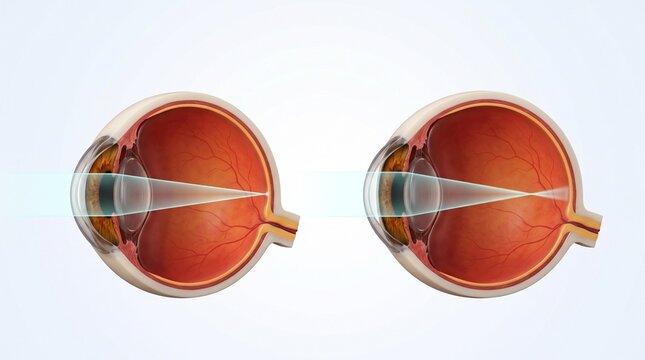 Detailed anatomical illustration of human eyes showing light rays focusing on the retina for clear vision