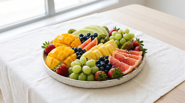 Colorful seasonal fruit platter arranged on a ceramic plate