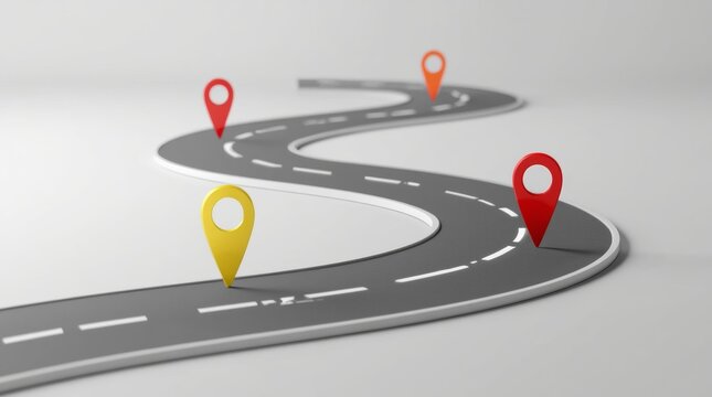 Colorful map pins marking key points along a winding road in modern design