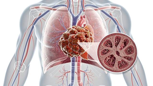 Thymus gland tumor medical 3D illustration with microscopic histology inset, human thoracic anatomy