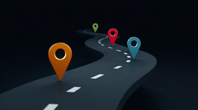Colorful route markers on winding roadway with directional pins with indicating different points