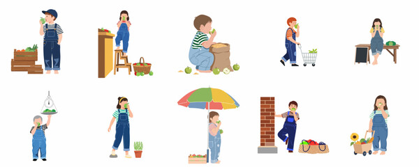Fototapeta premium Set of flat vector illustrations of children in denim overalls eating fruit, shopping at a market, and harvesting fresh vegetables.