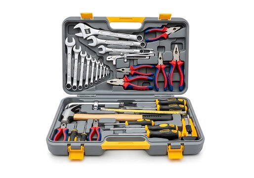 Open grey plastic tool box with a complete set of metal hand tools and pliers for home repair