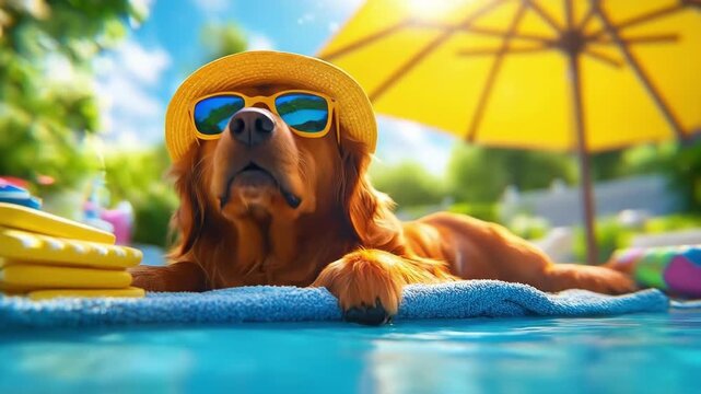 Dog wearing straw hat and sunglasses relaxes on towel at the edge of swimming pool under yellow umbrella on sunny day, bright outdoor leisure concept
