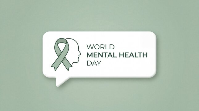 World mental health day concept with a speech bubble featuring a human head and awareness ribbon illustration