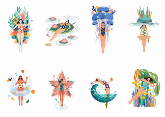 Fototapeta premium A collection of artistic illustrations featuring women in various creative and imaginative aquatic-themed scenarios and swimsuits on a white background.