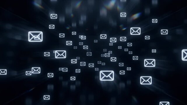 漆黒の空間に無数に漂うメール封筒アイコンと光の反射散乱のCG動画