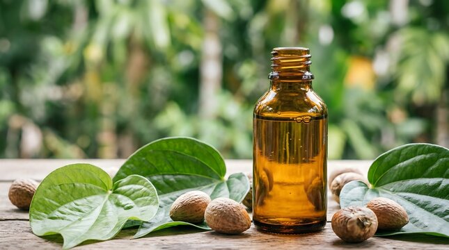 An amber glass bottle containing essential oil is displayed with vibrant fresh mint leaves and shelled walnuts on a rustic wooden surface
