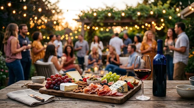 A warm and inviting outdoor gathering of friends enjoying a beautiful evening with delicious food and twinkling festive string lights in a