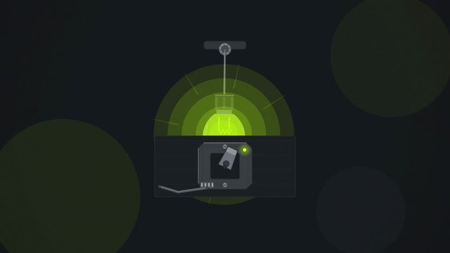 Abstract animated light switch toggling over drawn as green and teal lines and shapes on a deep dark background. Seamless looping 4K motion graphics video with free space for text, ideal for title seq