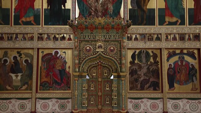 View of the ornate iconostasis and gilded Royal Doors inside the historic Solovetsky Monastery in Solovetsky, Arkhangelsk Oblast, Russia.