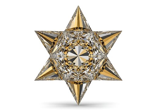 Shiny star shaped diamond gemstone with complex geometric facets and sparkling light reflections