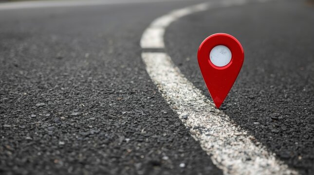 Red pin marker on paved road pointing toward upcoming split junction with path symbolizing direction