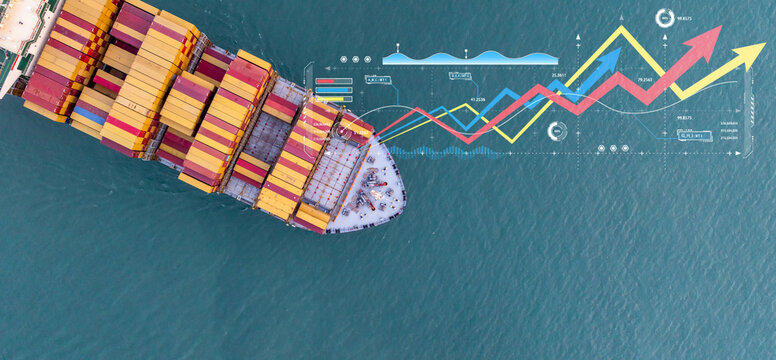 Aerial view container ship cargo freight shipping international, Global business freight shipping import export logistic transportation container ship, Container ship cargo sea freight container ship.