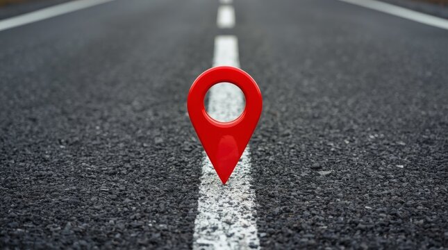 Red road pin marker on asphalt path symbolizing direction with surface emphasizing navigation route