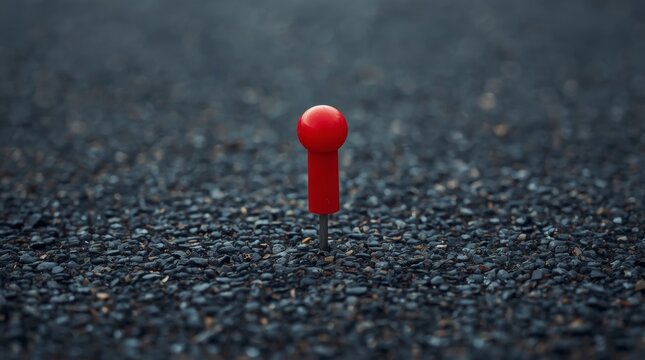Bright red pin marker standing alone on dark textured surface with pushpin firmly embedded, close