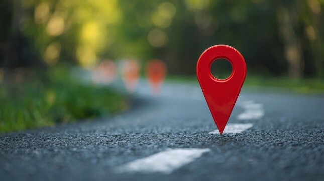 Bright red location pin on road pointing direction ahead in sunny outdoor setting with close vivid
